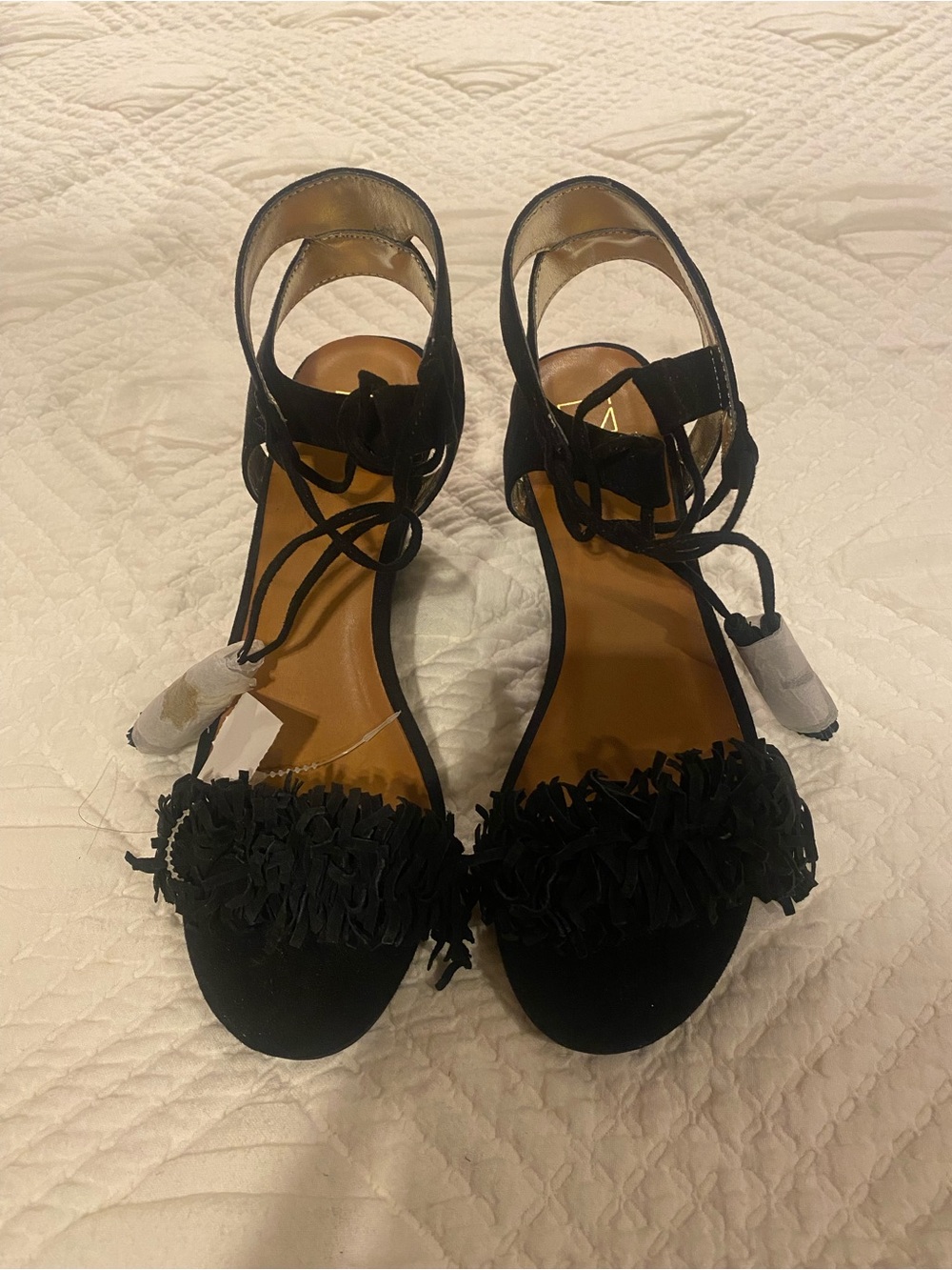Black Lace-Up Fringe Ankle Strap Wedges
